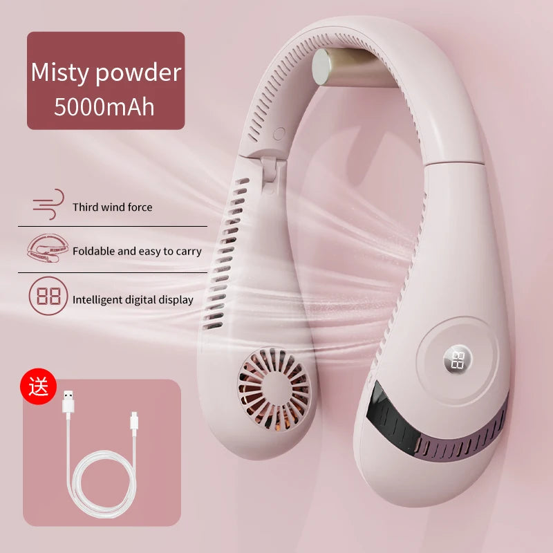 New Design Foldable LED digital display outdoor rechargeable electric Air cooling portable bladeless neck fan with three speed